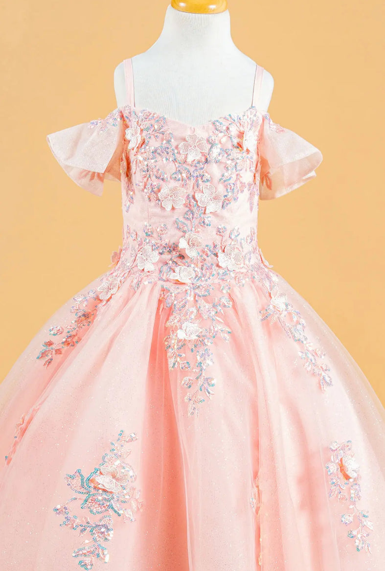 3D Flower Applique Sequins Embroidery Lace-Up Back Corset V-Neck Cold Shoulder Kids Dress. GL120 GLS BY ELIZABETH K