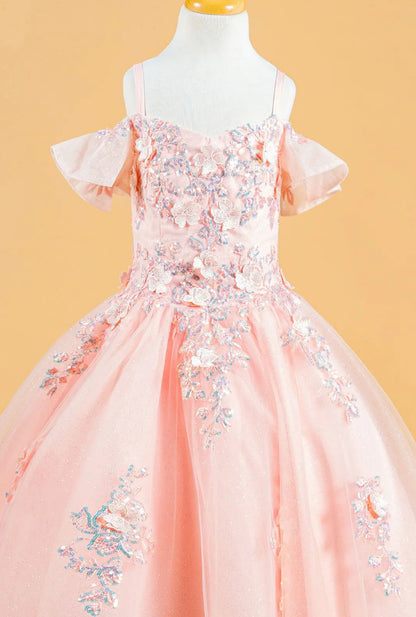 3D Flower Applique Sequins Embroidery Lace-Up Back Corset V-Neck Cold Shoulder Kids Dress. GL120 GLS BY ELIZABETH K