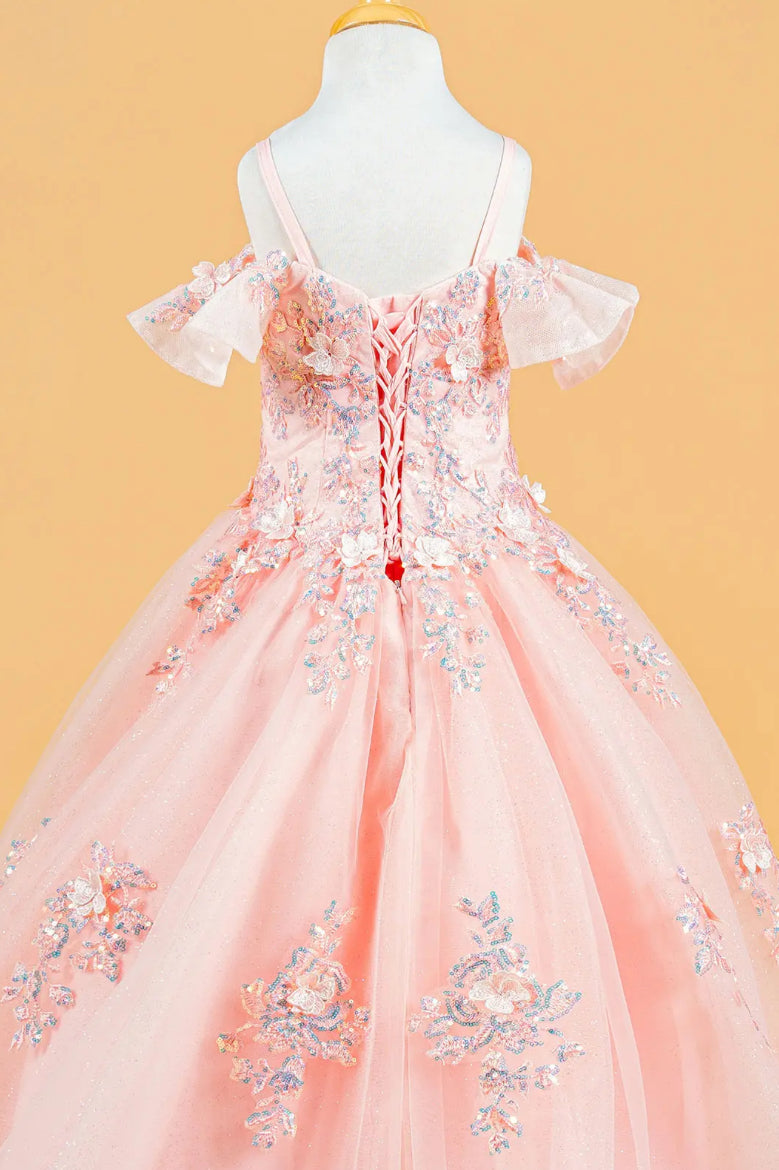 3D Flower Applique Sequins Embroidery Lace-Up Back Corset V-Neck Cold Shoulder Kids Dress. GL120 GLS BY ELIZABETH K