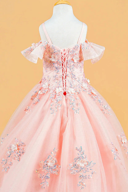 3D Flower Applique Sequins Embroidery Lace-Up Back Corset V-Neck Cold Shoulder Kids Dress. GL120 GLS BY ELIZABETH K
