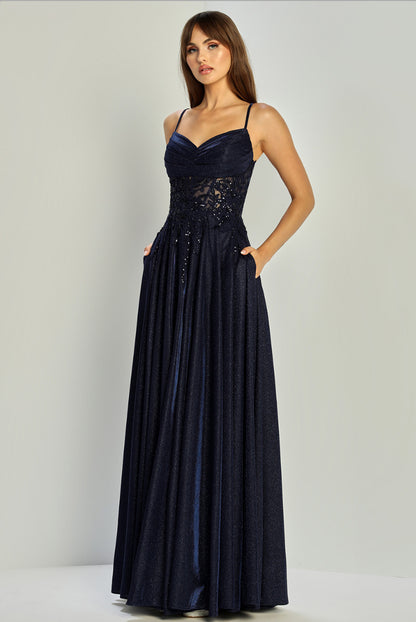 Beautiful sparkly dress with open corset at back. elegant touch of pocket in the skirt. 3232 by ADORA DESIGN