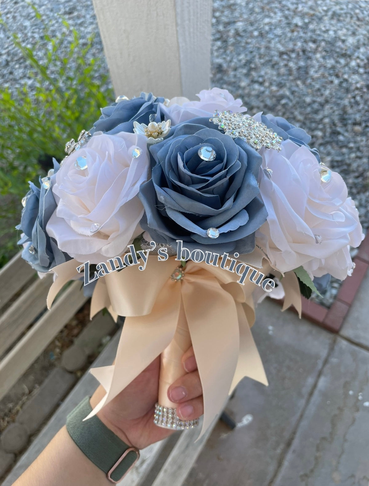 Dusty Blue With Cream Bouquet Along with Sparkly Silver and Flower Pearls Brooches Bouquet DBCR004 by MARINA'S CRAFT. PREORDER AVAILABLE!