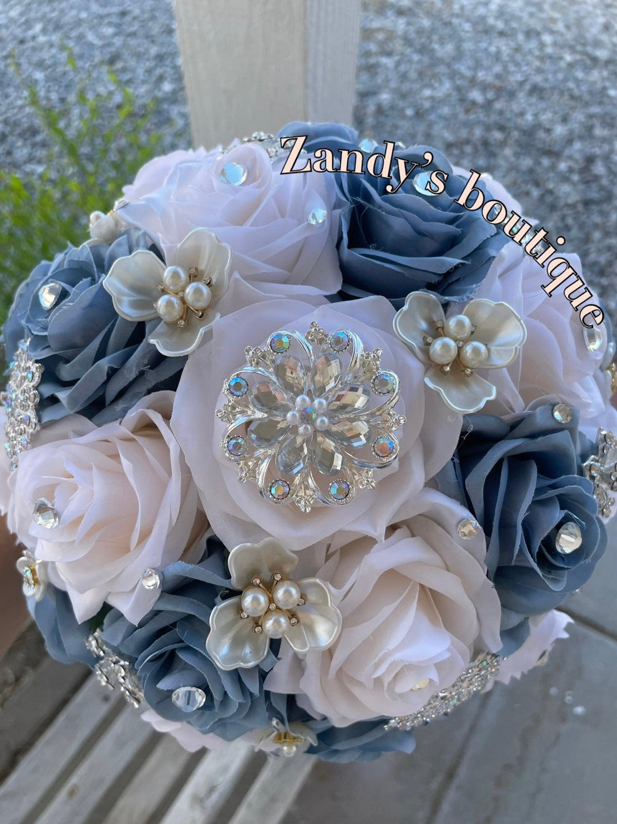 Dusty Blue With Cream Bouquet Along with Sparkly Silver and Flower Pearls Brooches Bouquet DBCR004 by MARINA'S CRAFT. PREORDER AVAILABLE!