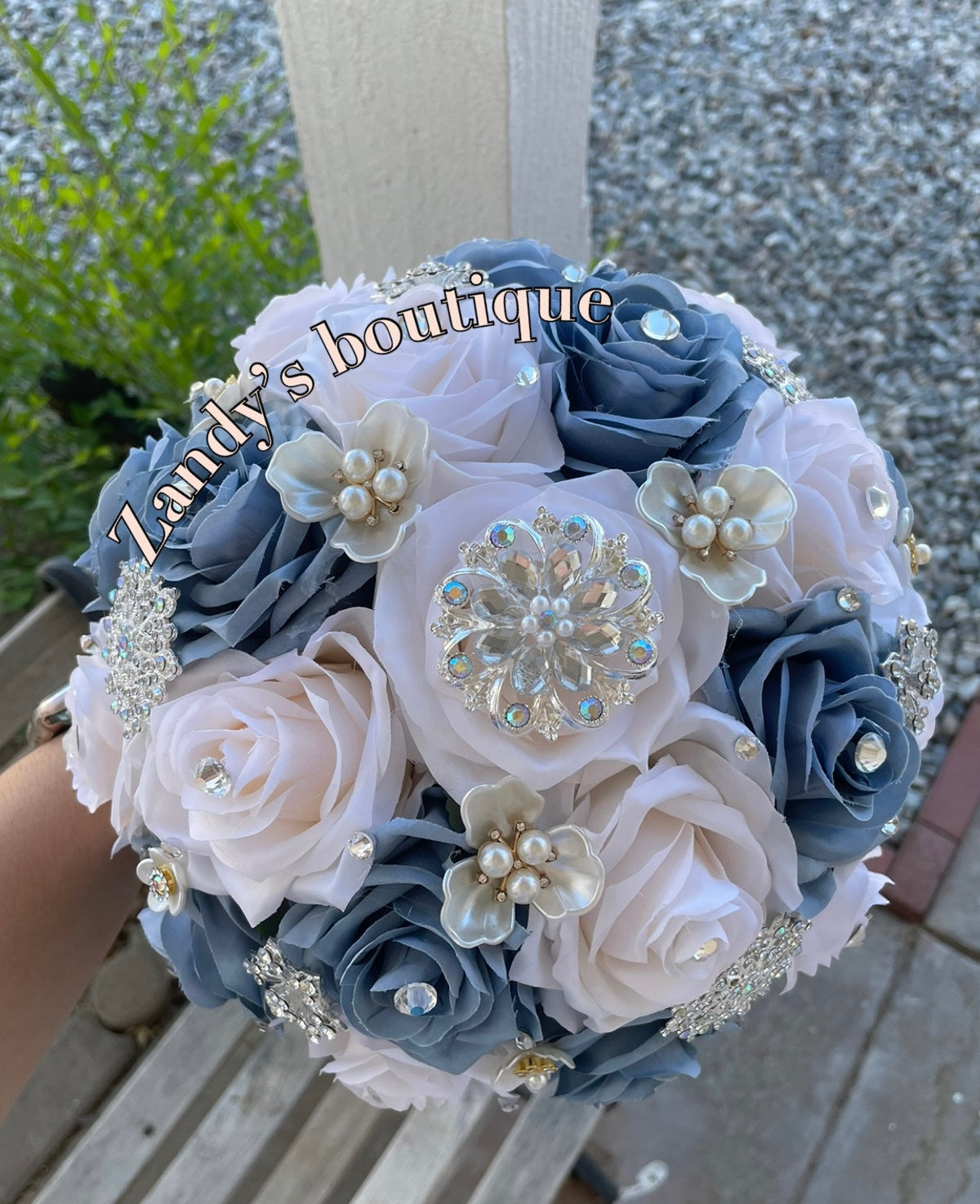 Dusty Blue With Cream Bouquet Along with Sparkly Silver and Flower Pearls Brooches Bouquet DBCR004 by MARINA'S CRAFT. PREORDER AVAILABLE!