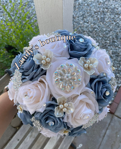 Dusty Blue With Cream Bouquet Along with Sparkly Silver and Flower Pearls Brooches Bouquet DBCR004 by MARINA'S CRAFT. PREORDER AVAILABLE!