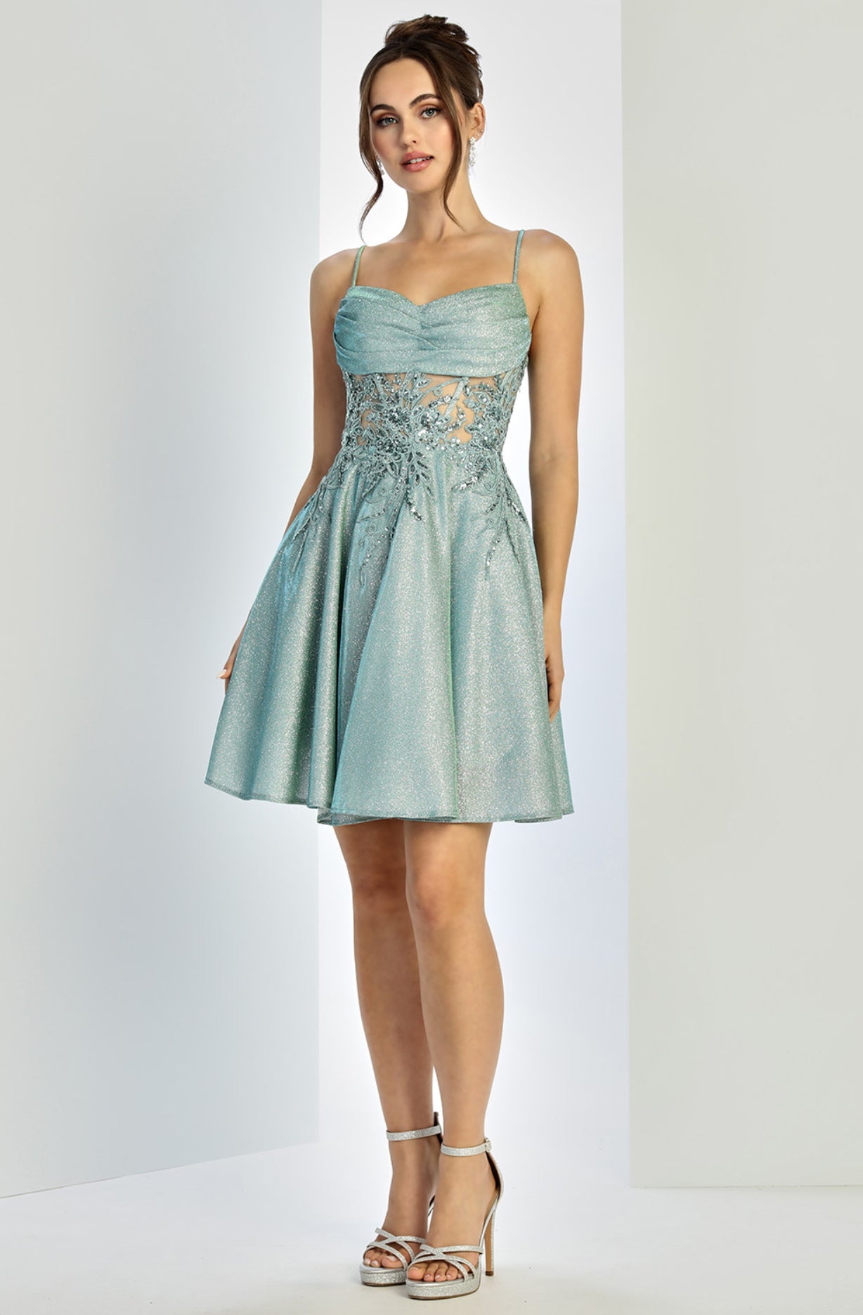 Sheer Bodice Glitter Print Embellished Spaghetti Strap Homecoming Dress. 1058 BY ADORA DESIGN