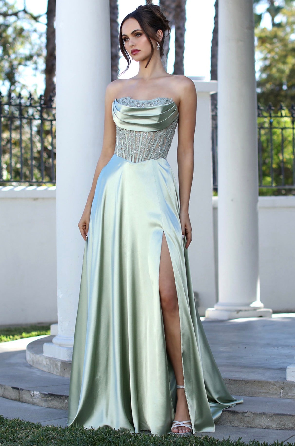 Satin dress see through corset and beading  . 3254 BY ADORA DESIGN