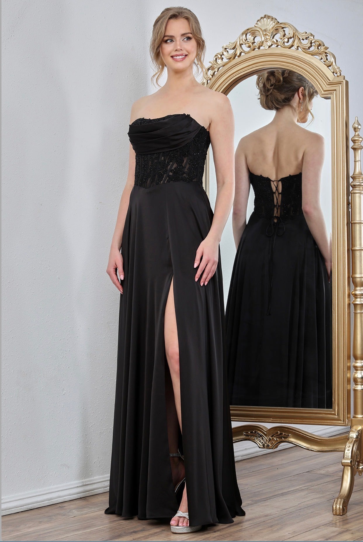 Satin dress see through corset and beading  . 3254 BY ADORA DESIGN