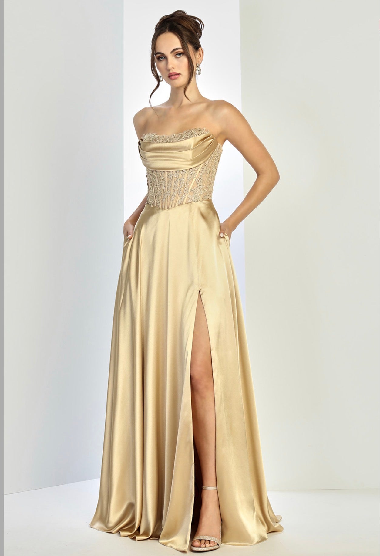 Satin dress see through corset and beading  . 3254 BY ADORA DESIGN