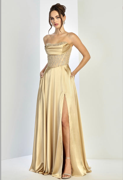 Satin dress see through corset and beading  . 3254 BY ADORA DESIGN