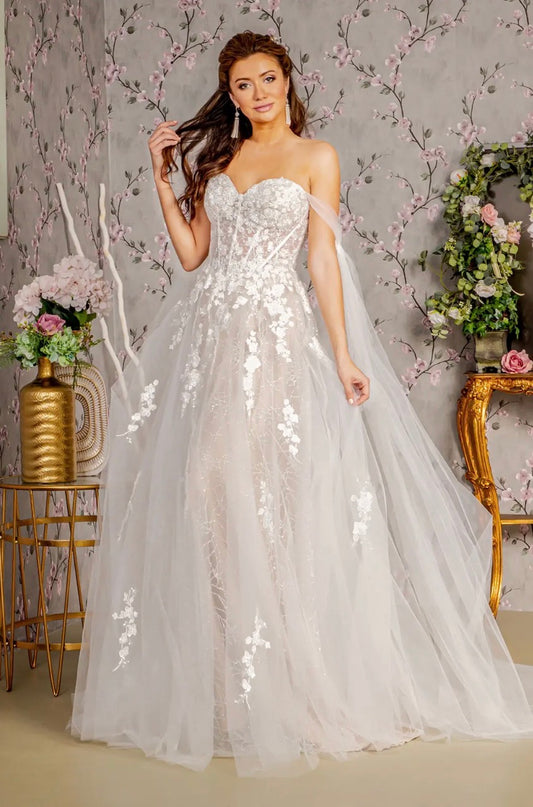 Floral Embroidery Mesh A-line Wedding Gown w/ Long Side Drapes. Gl3428 GLS BY GLORIA