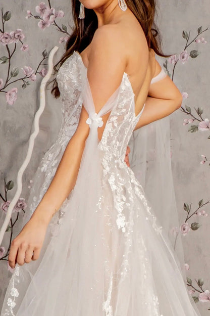 Floral Embroidery Mesh A-line Wedding Gown w/ Long Side Drapes. Gl3428 GLS BY GLORIA