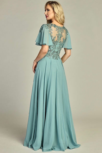 3-D Flower Embroidery Chiffon A-line Long Dress w/ chiffon Short Sleeves. 7962K by LET´S CORP
