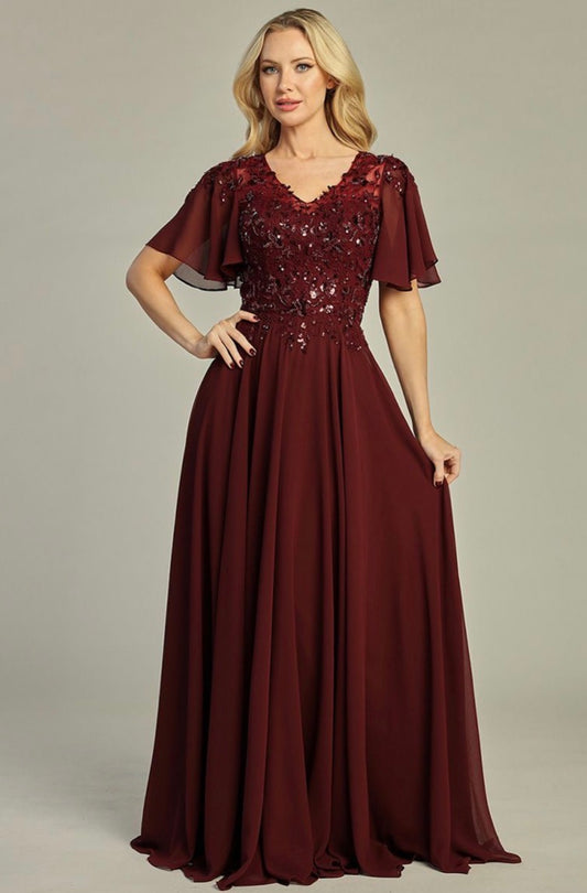3-D Flower Embroidery Chiffon A-line Long Dress w/ chiffon Short Sleeves. 7962K by LET´S CORP