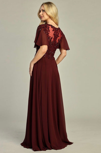 3-D Flower Embroidery Chiffon A-line Long Dress w/ chiffon Short Sleeves. 7962K by LET´S CORP