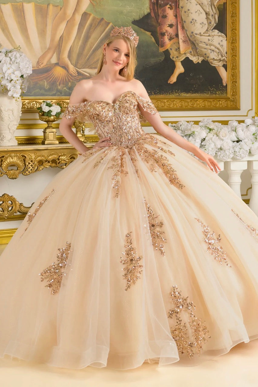 embellished off-the-shoulder straps that frame a flattering V-neckline corset bodice.  Gl3816 Y ELIZABETH K