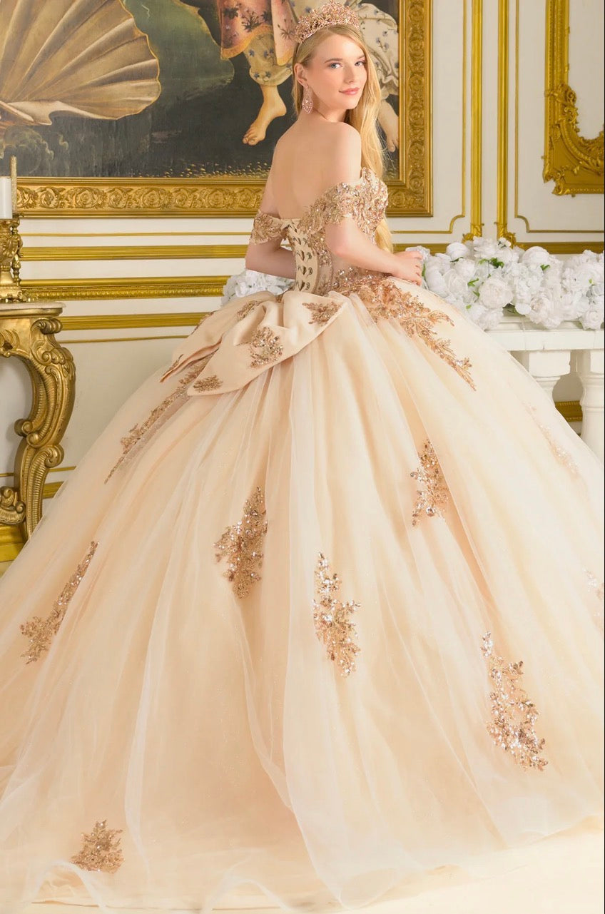 embellished off-the-shoulder straps that frame a flattering V-neckline corset bodice.  Gl3816 Y ELIZABETH K