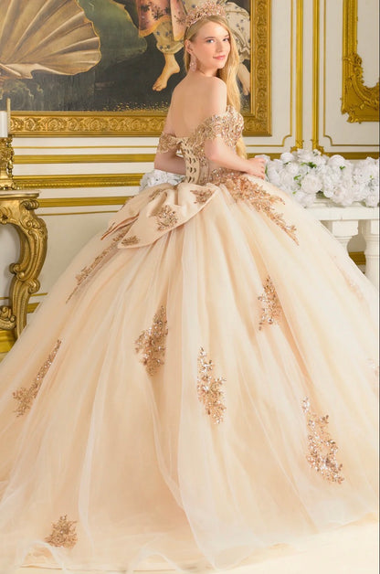 embellished off-the-shoulder straps that frame a flattering V-neckline corset bodice.  Gl3816 Y ELIZABETH K