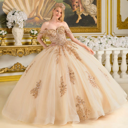 embellished off-the-shoulder straps that frame a flattering V-neckline corset bodice.  Gl3816 Y ELIZABETH K