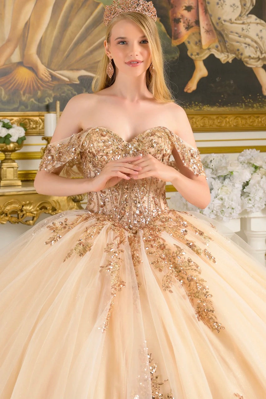 embellished off-the-shoulder straps that frame a flattering V-neckline corset bodice.  Gl3816 Y ELIZABETH K