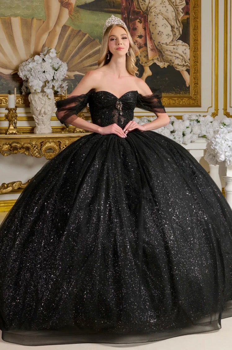 Sheer Bodice Lace Embellished Glitter Mesh Sweetheart Quinceanera Dres by GL3502 GLS by Gloria