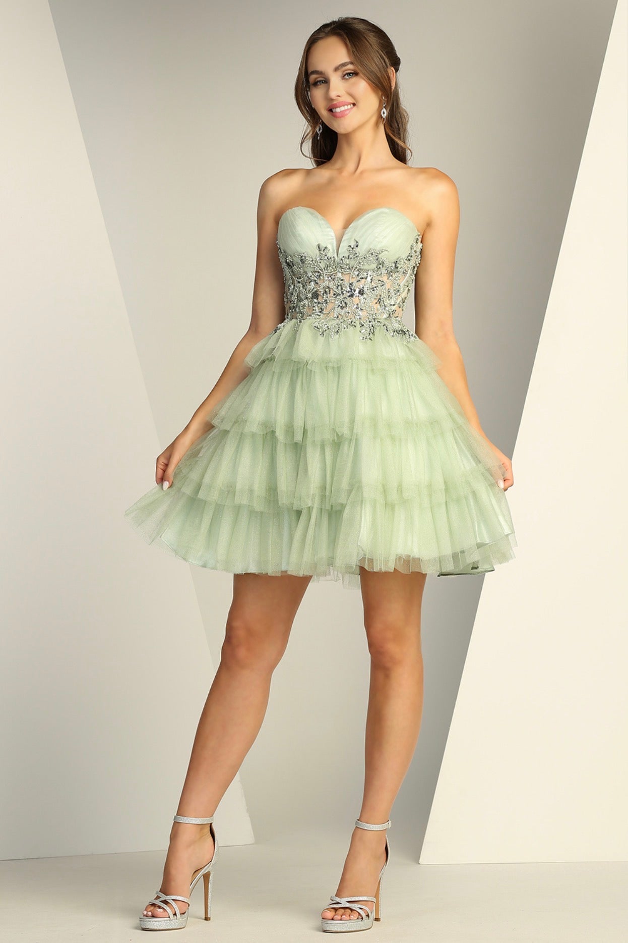 Pleated Mesh Skirt Sheer Bodice sequin Embellishment. 1062 by ADORA DESIGN