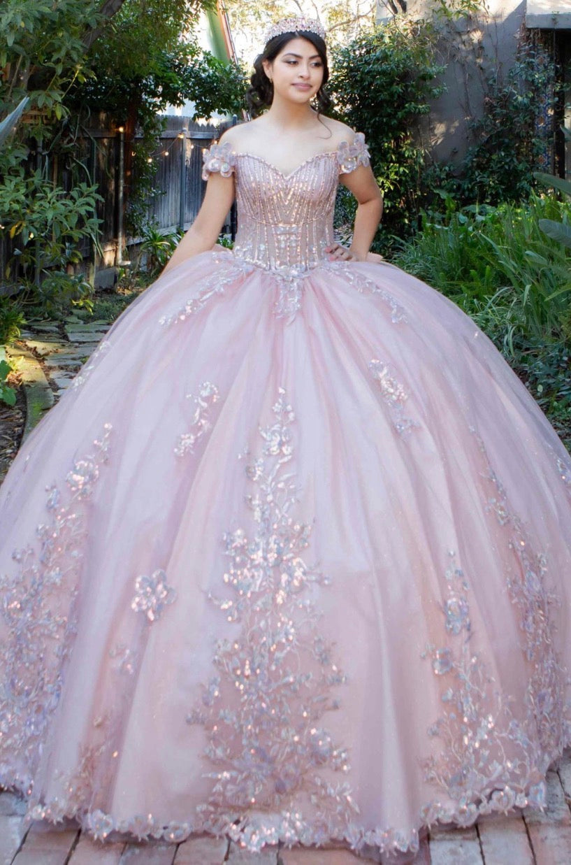 embellished off-the-shoulder straps that frame a flattering V-neckline corset bodice.8370J BY CINDERELLA COUTURE