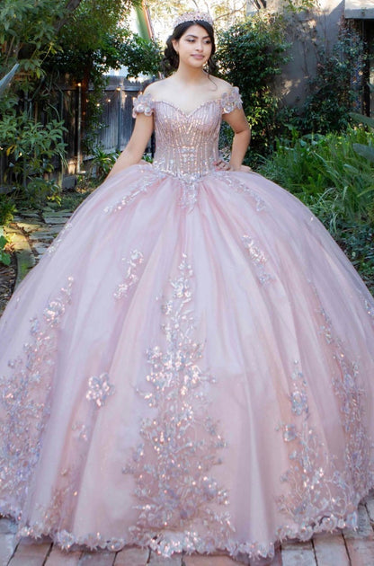 embellished off-the-shoulder straps that frame a flattering V-neckline corset bodice.8370J BY CINDERELLA COUTURE