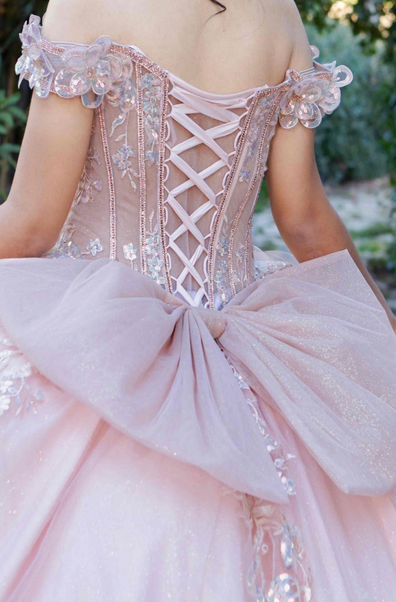 embellished off-the-shoulder straps that frame a flattering V-neckline corset bodice.8370J BY CINDERELLA COUTURE