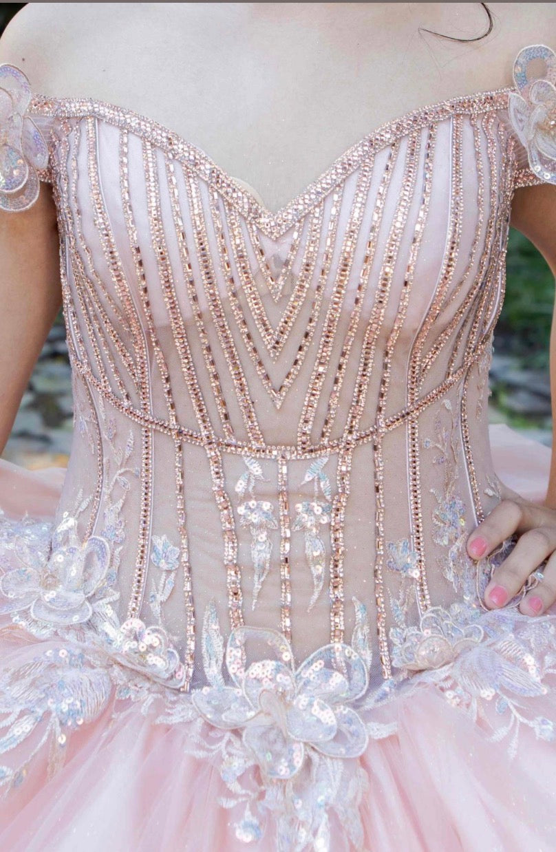 embellished off-the-shoulder straps that frame a flattering V-neckline corset bodice.8370J BY CINDERELLA COUTURE