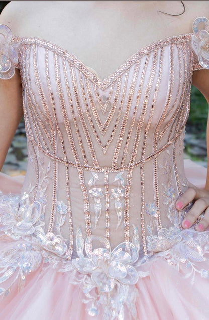 embellished off-the-shoulder straps that frame a flattering V-neckline corset bodice.8370J BY CINDERELLA COUTURE