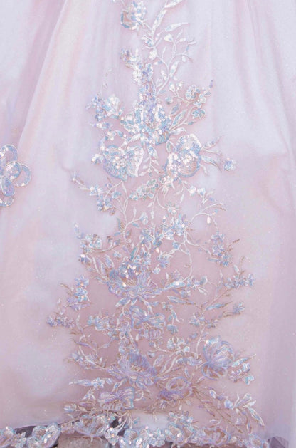 embellished off-the-shoulder straps that frame a flattering V-neckline corset bodice.8370J BY CINDERELLA COUTURE