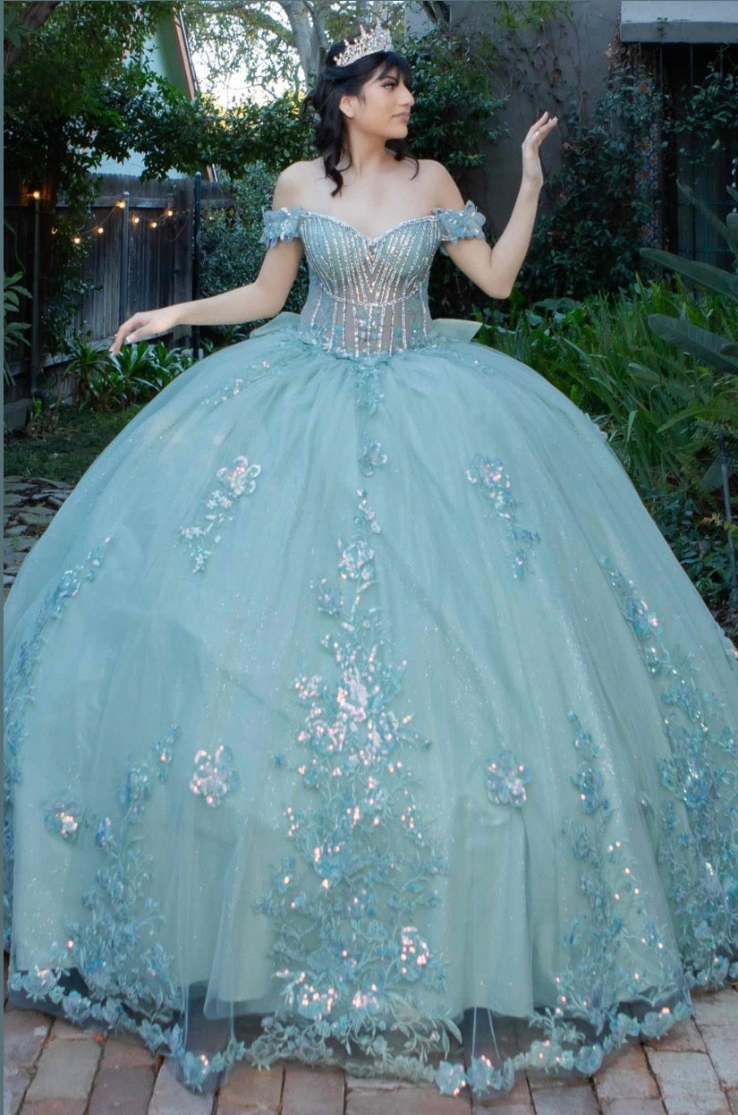 embellished off-the-shoulder straps that frame a flattering V-neckline corset bodice.8370J BY CINDERELLA COUTURE