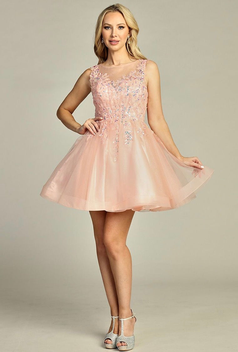 Lace Illusion Top A-line Short Dress. 6282L BY LET´S CORP