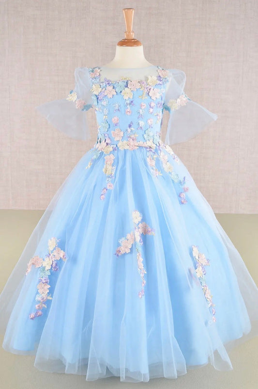 3D Floral Applique Mesh Kids Dress, GK107 GLS BY ELIZABETH K