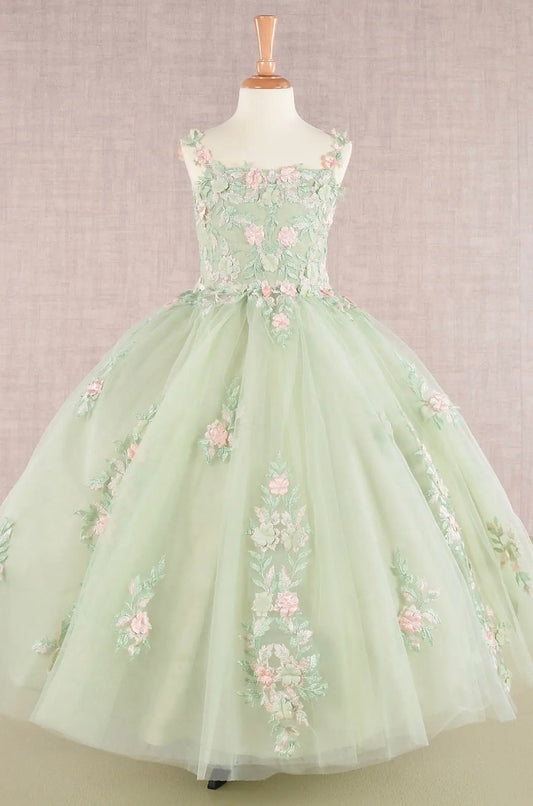 GK109 Floral Embroidery Embellished Ruched Bodice Mesh Kids Dress with Lace-up Back Available in Blush and Sage. GK109 BY ELIZABETH K