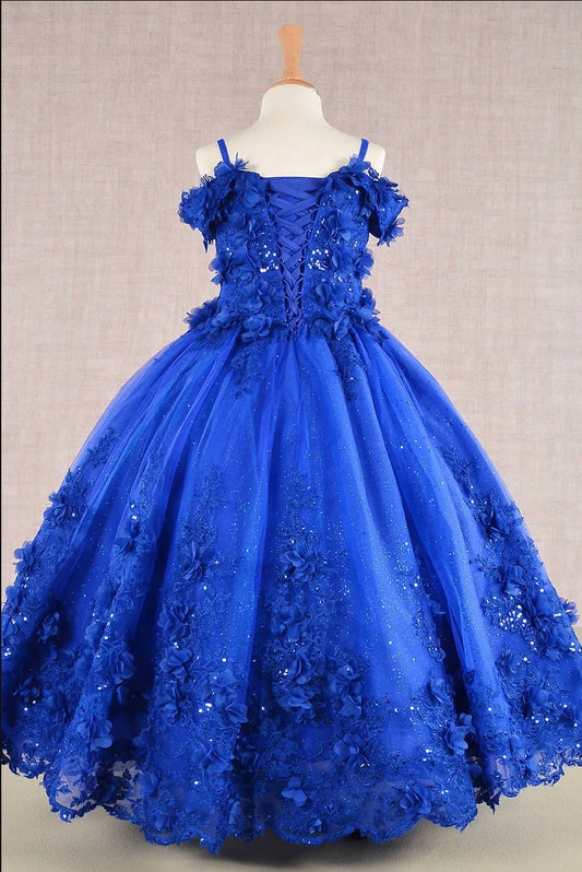 3D Floral Applique Embellished Glitter Embroidery Mesh Kids Dress Available in Baby Blue, Blush, Lilac, Royal Blue and Yellow. GK110 BY ELIZABETH K