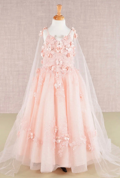 Floral Applique Glitter, Mesh, Kids Dress with Detachable Side GK111 GLS BY ELIZABETH K