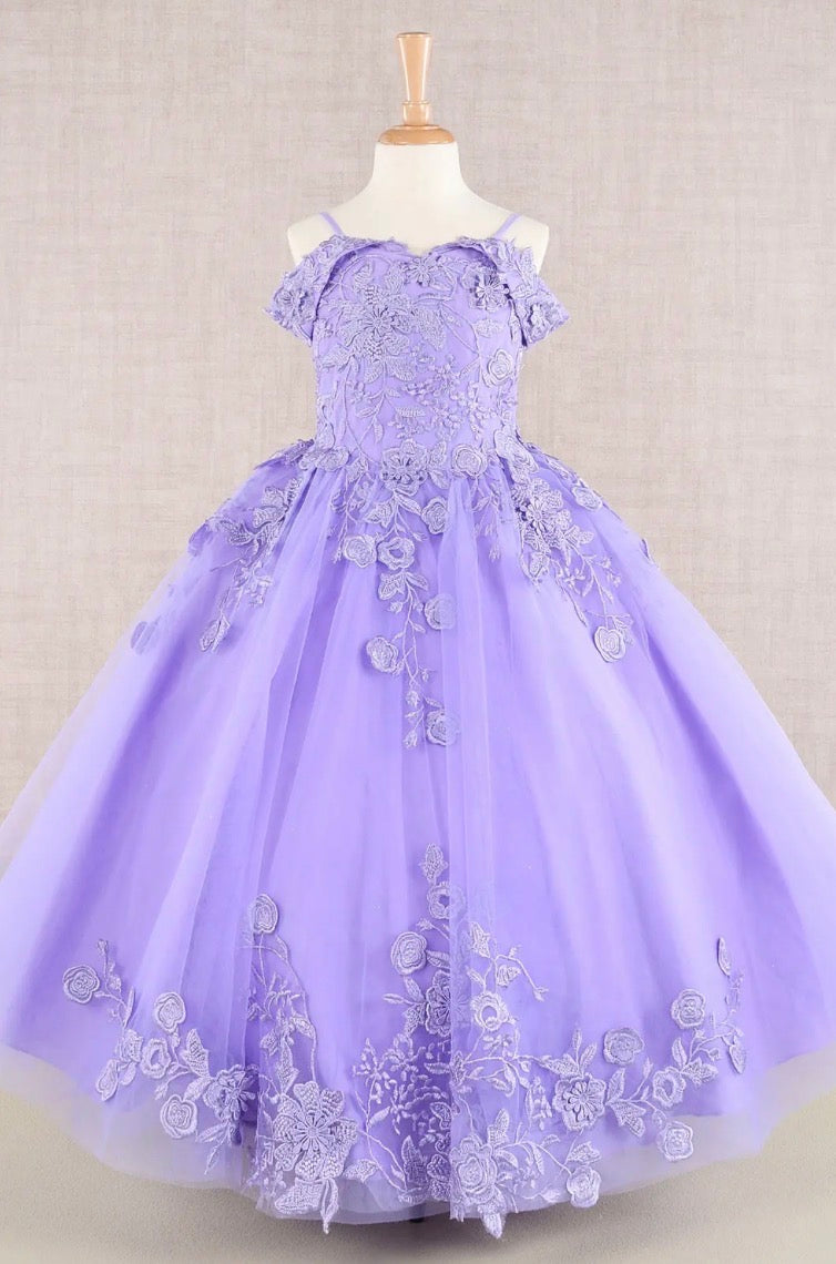 Floral Embroidery Embellished Cut-Away Shoulder Kids Dress GK112 GLS BY ELIZABETH K