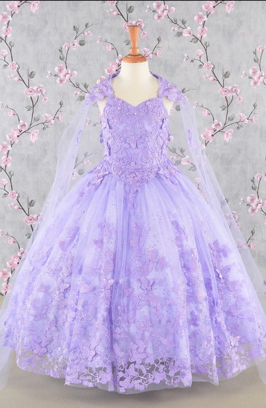 3-D Butterfly Sequin Mesh Kids Dress w/ Detachable Long Mesh Cape. GK114 BY ELIZABETH K