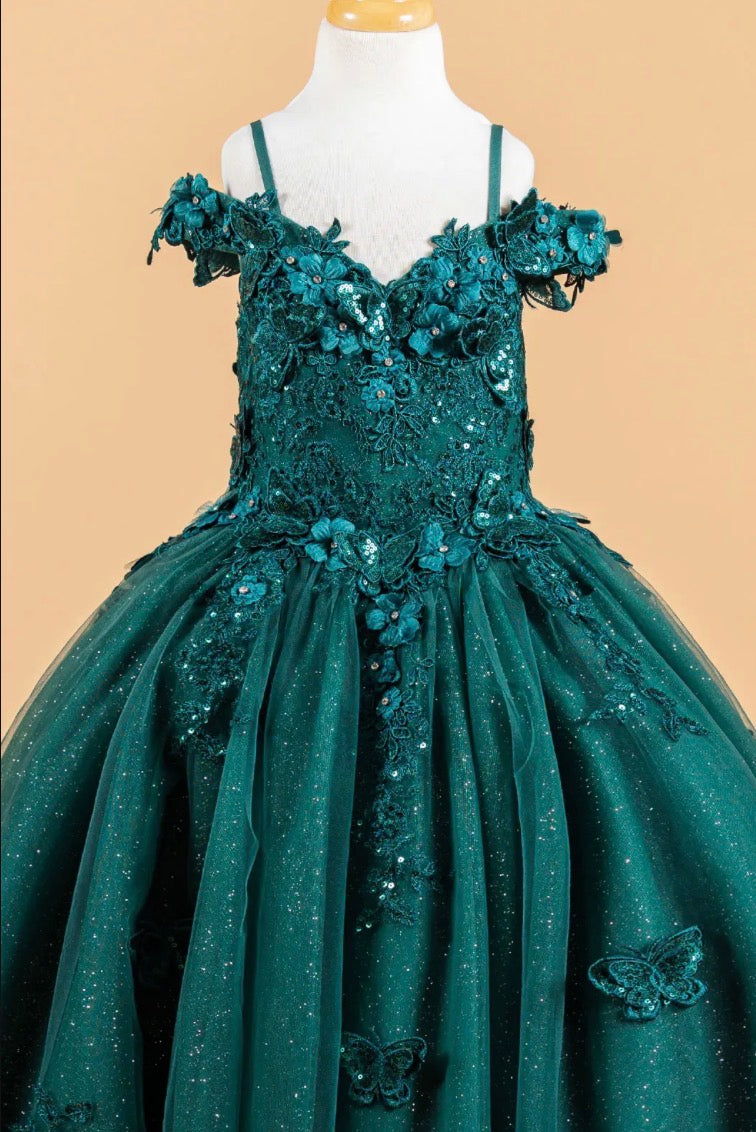 3D Flower and Butterfly Applique Cold Shoulder Embellished V-Neck Kids Dress GK117 GLS BY ELIZABETH K