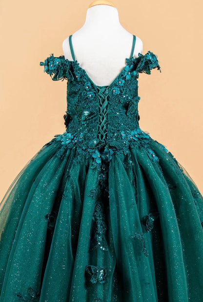 3D Flower and Butterfly Applique Cold Shoulder Embellished V-Neck Kids Dress GK117 GLS BY ELIZABETH K