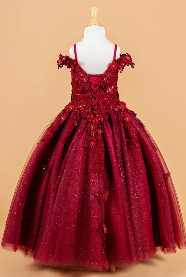 3D Flower and Butterfly Applique Cold Shoulder Embellished V-Neck Kids Dress GK117 GLS BY ELIZABETH K