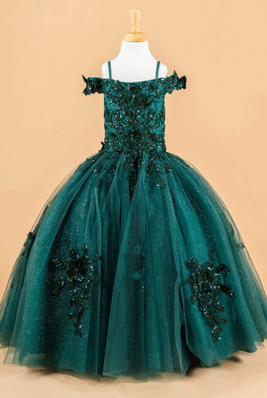 3D Flower Applique Embellished Boat Neckline Cold Shoulder Kids Dress. GK121 BY ELIZABETH K