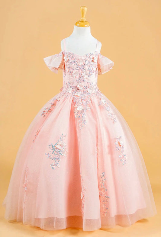 3D Flower Applique Sequins Embroidery Lace-Up Back Corset V-Neck Cold Shoulder Kids Dress. GK120 BY ELIZABETH K