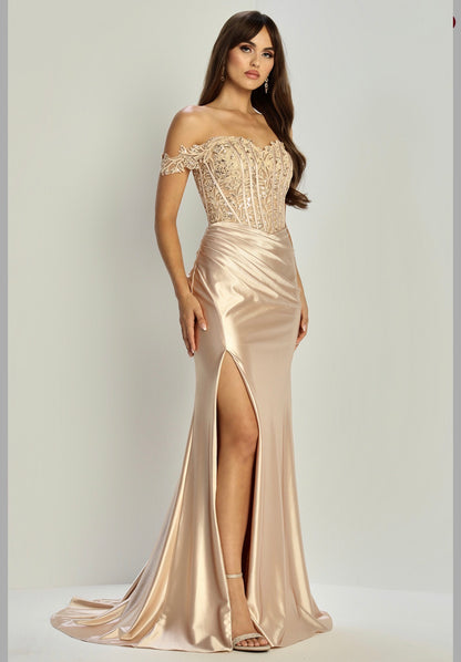 Satin mermaid off the shoulder dress. 3308 by ADORA DESIGN
