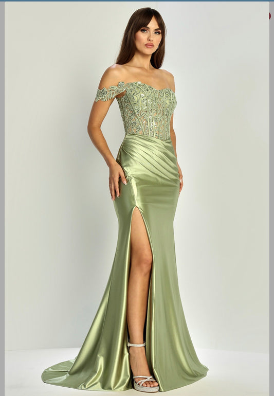 Satin mermaid off the shoulder dress. 3308 by ADORA DESIGN