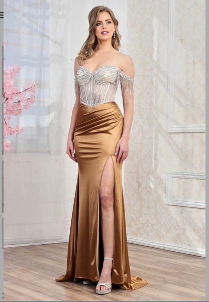 Fitted satin dress with beautiful embellished. 3297 by ADORA DESIGN