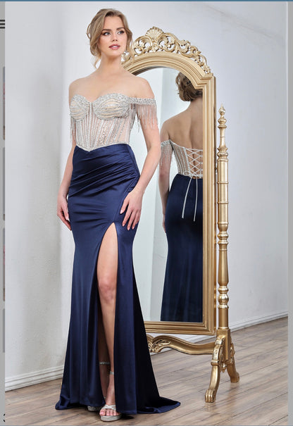 Fitted satin dress with beautiful embellished. 3297 by ADORA DESIGN
