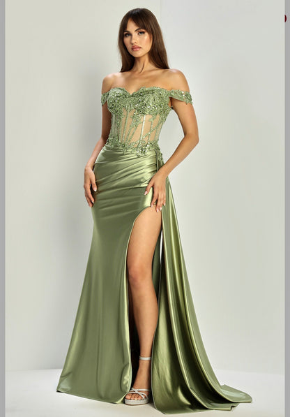 Satin mermaid off the shoulder dress. 3281 by ADORA DESIGN